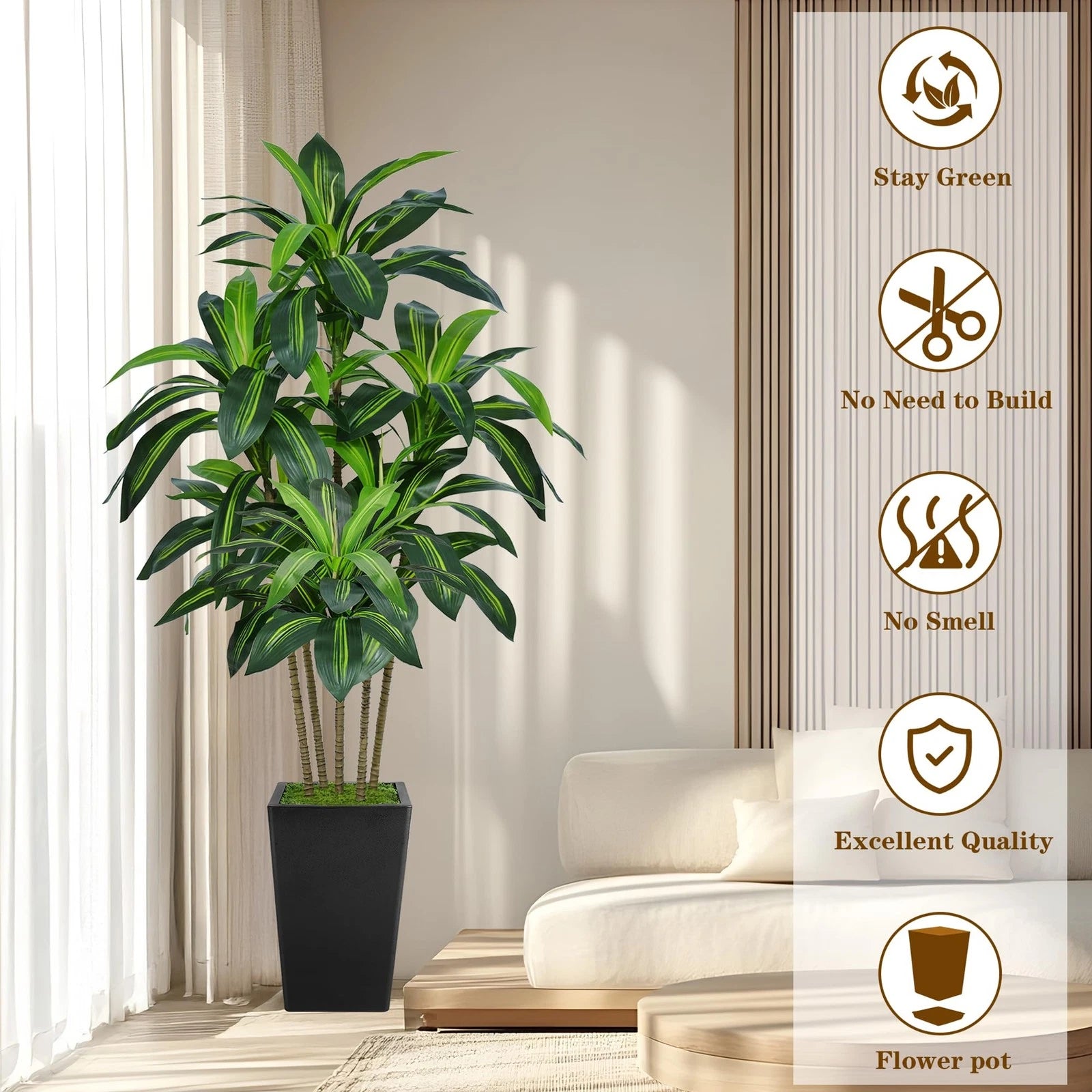 6FT Artificial Dracaena Tree, Fake Tree Indoor with Black Tall Planter