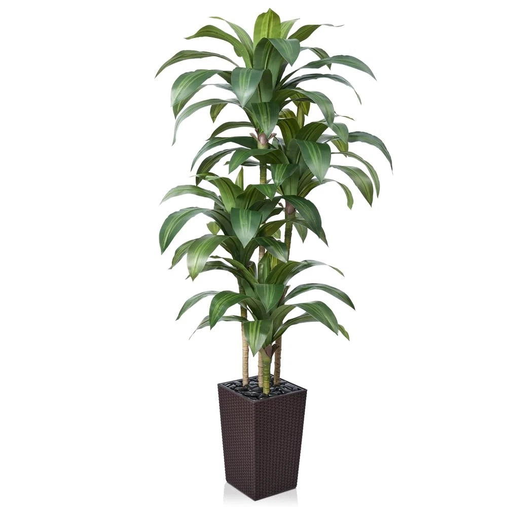Artificial Dracaena Tree 6FT - Fake Tree with Brown Taper Planter & Pebbles