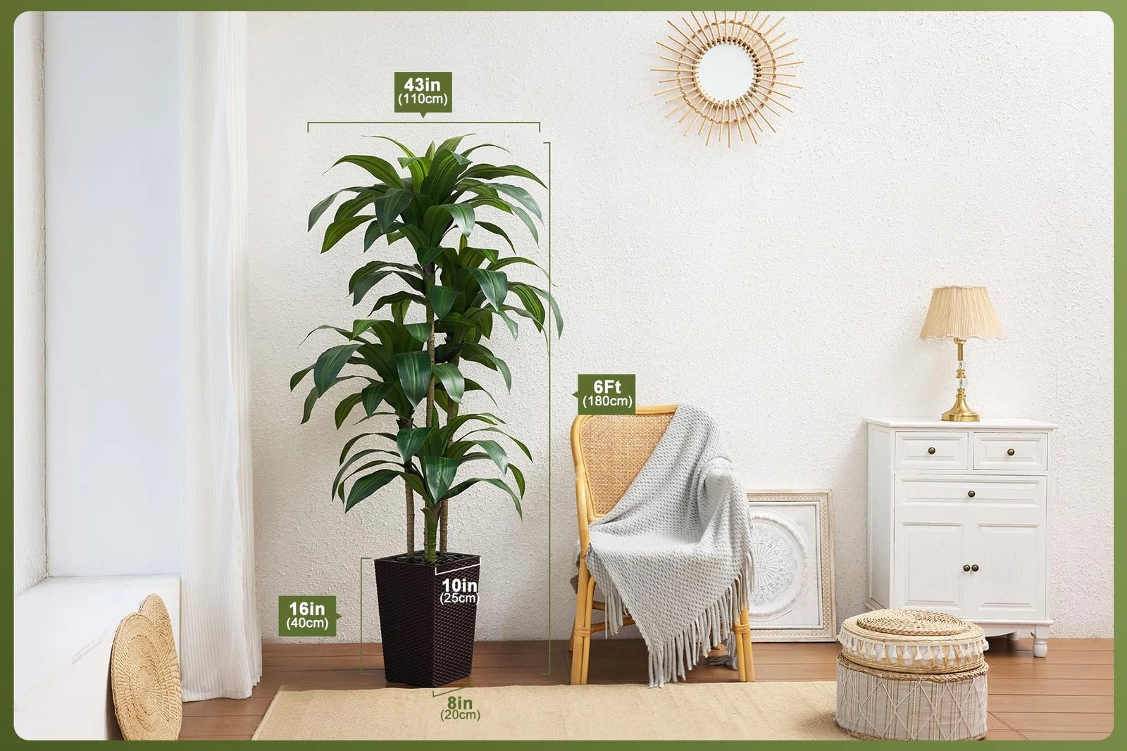 Artificial Dracaena Tree 6FT - Fake Tree with Brown Taper Planter & Pebbles
